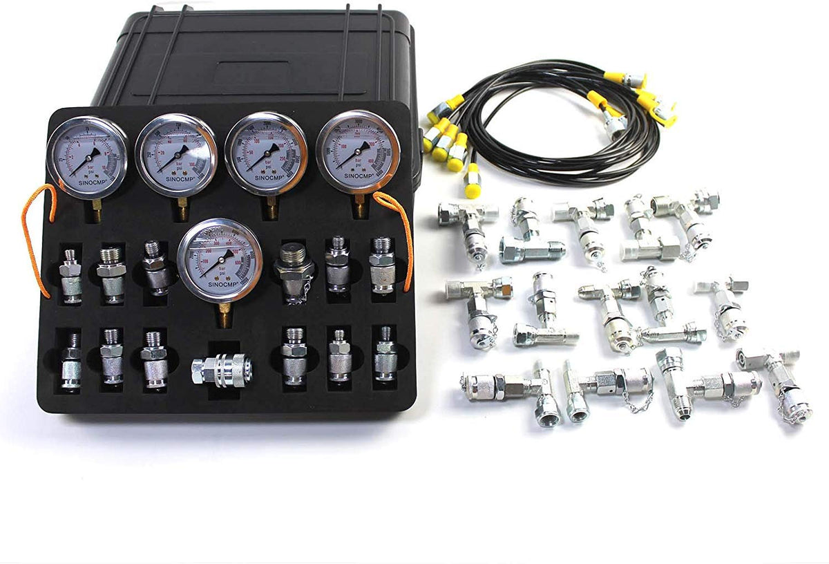 Hydraulic Pressure Test Kit with 5 Gauges, 5 Test Hoses, 13 Couplings and 14 Tee Connectors L363848