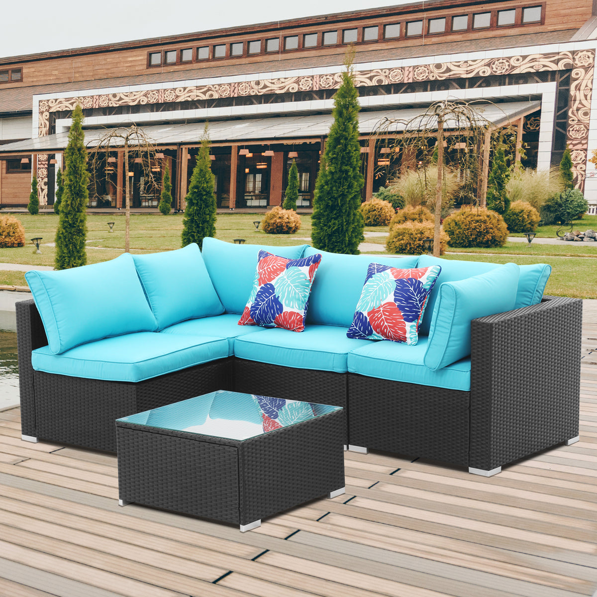 Blue 5 Pieces Outdoor Patio Conversation Sofa Set Y582455