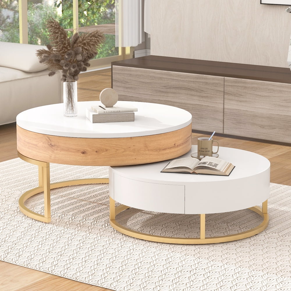 Round Lift-top Nesting Coffee Tables with 2 Drawers White & Natural E250