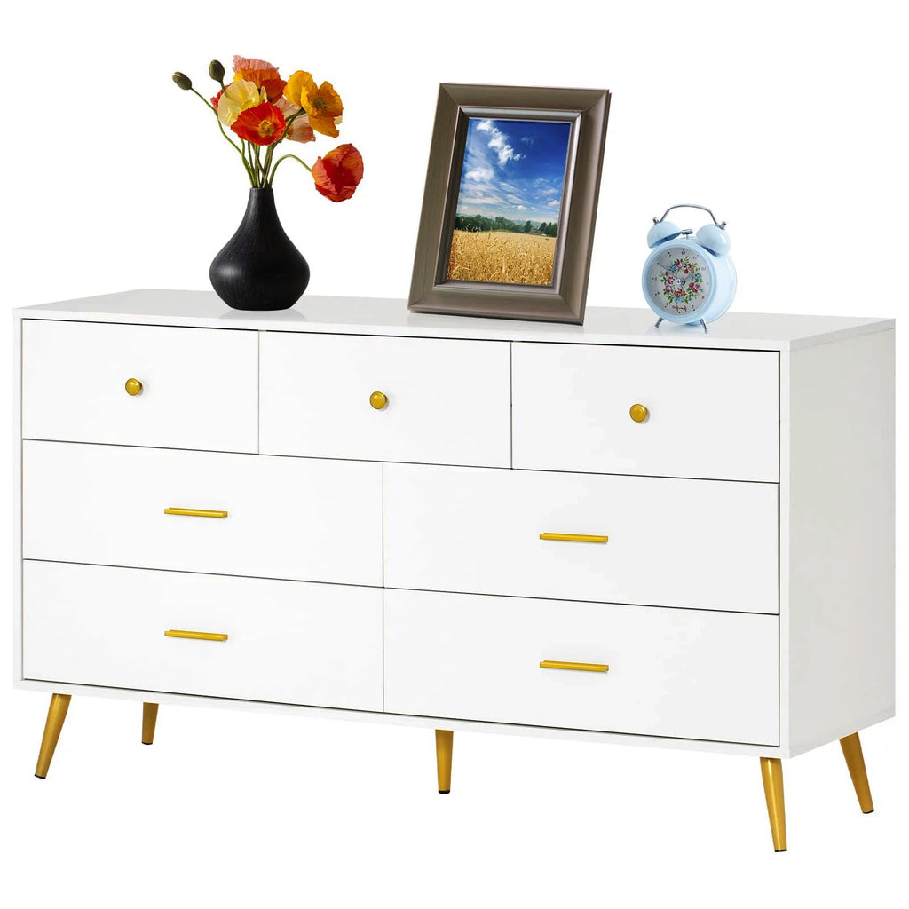 White and Gold 7 Drawer Wood Dresser Y4653