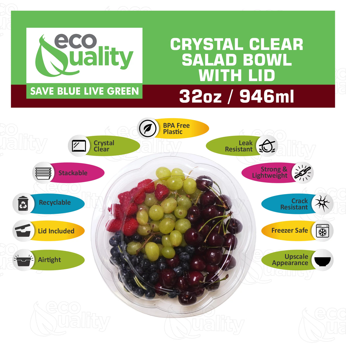 32oz Clear Disposable Salad Bowls with Lids G194515