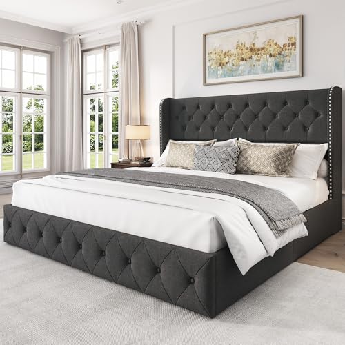King Size Linen Upholstered Bed Frame with 4 Storage Drawers H875