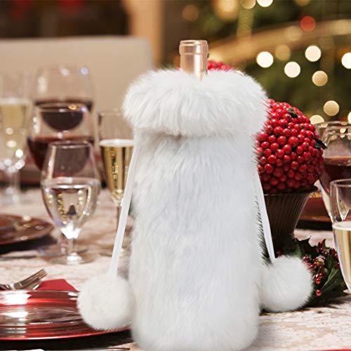 White Faux Fur Drawstring Wine Bottle Cover Bag T95020