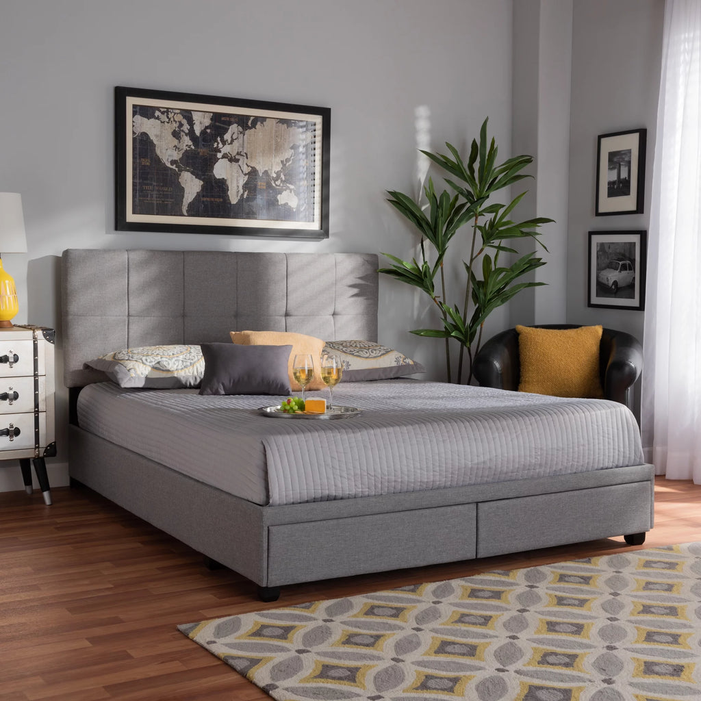 Light Grey Fabric Upholstered 2-Drawer Queen Size Platform Storage Bed L2061
