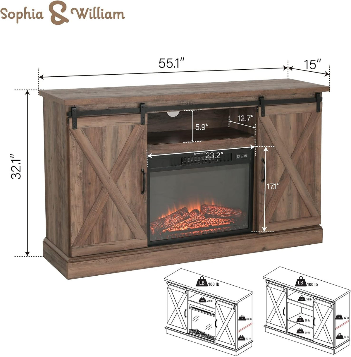 Farmhouse Electric Fireplace TV Stand with 23 Insert Fireplace, Burlywood N921
