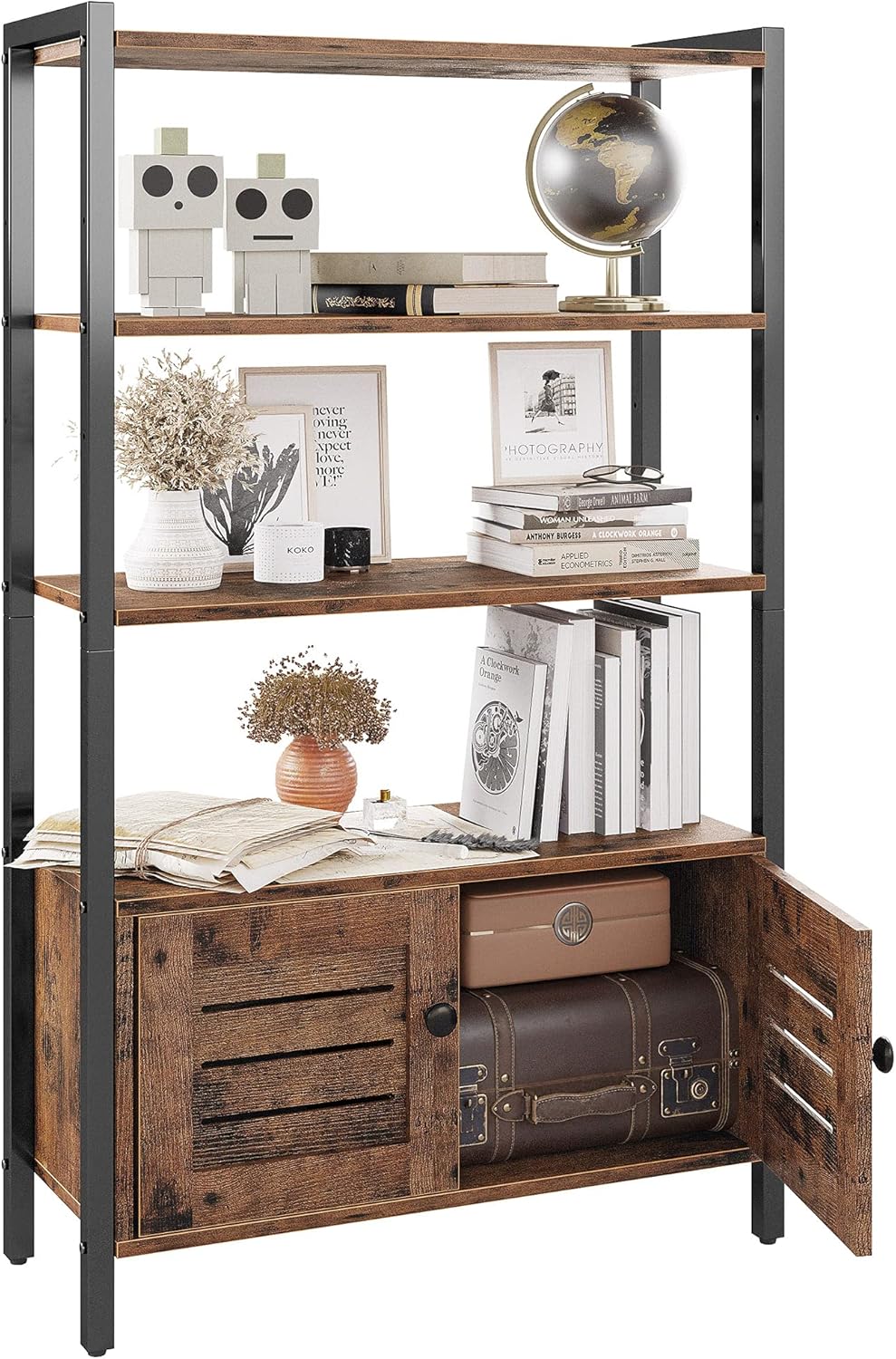 Industrial Bookshelf and Bookcase with 2 Louvered Doors and 3 Shelves A9097