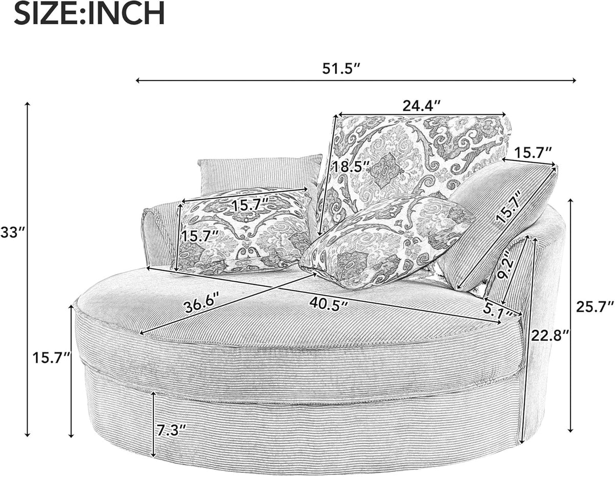 Oversized Corduroy Swivel Barrel Armchair with 5 Detachable Pillows M186766