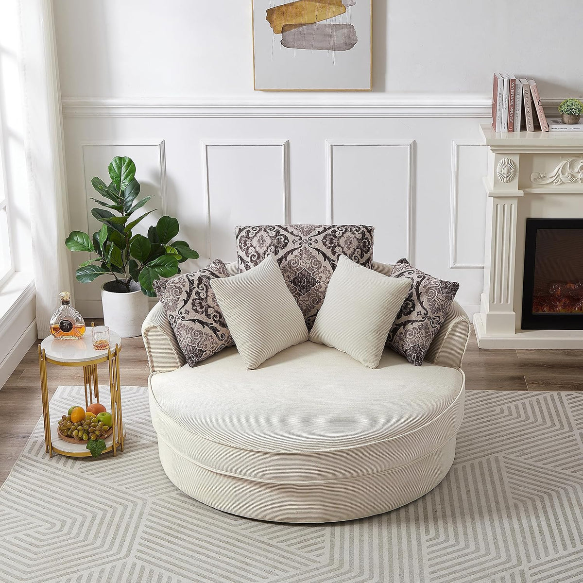 Oversized Corduroy Swivel Barrel Armchair with 5 Detachable Pillows M186766