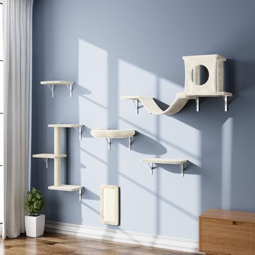 Gray 7 Pcs Cat Wall Shelves with House, Tunnel, Bridge, Steps, Scratcher, Hammock, Bed B923460