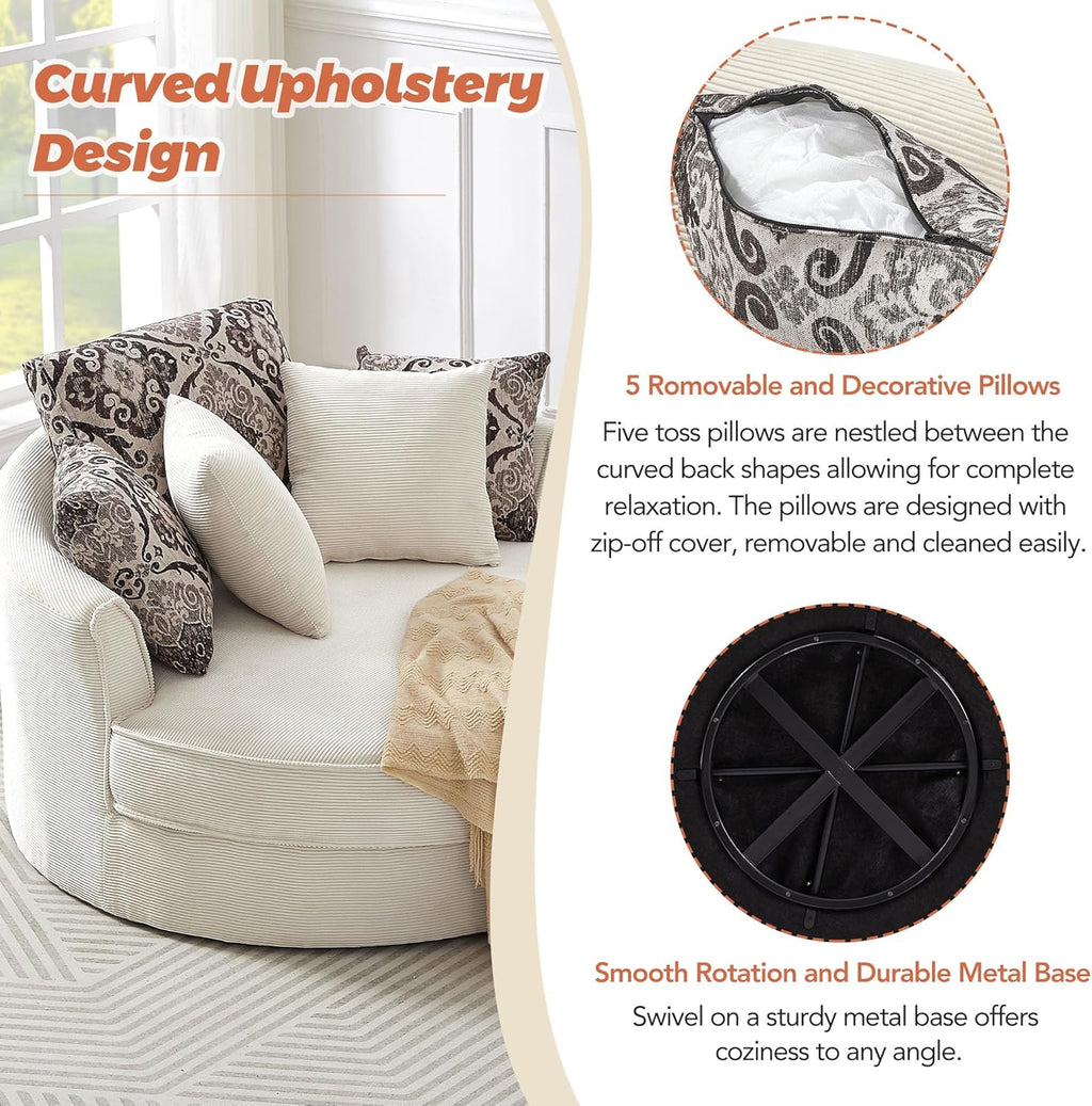 Oversized Corduroy Swivel Barrel Armchair with 5 Detachable Pillows M186766