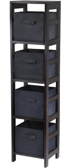 Wood 4 Section Storage Shelf with 4 Black Fabric Baskets Y725