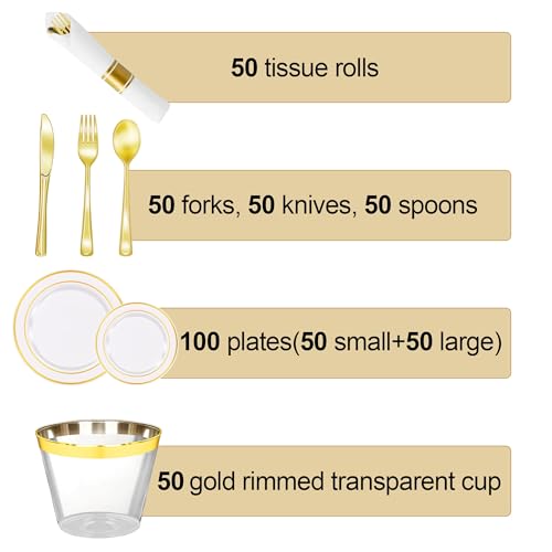 350PCS Gold Plastic Dinnerware Set with 100 Plates, 50 Cups, 50 Spoons, 50 Forks, 50 Knives B498