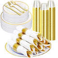 350PCS Gold Plastic Dinnerware Set with 100 Plates, 50 Cups, 50 Spoons, 50 Forks, 50 Knives B498