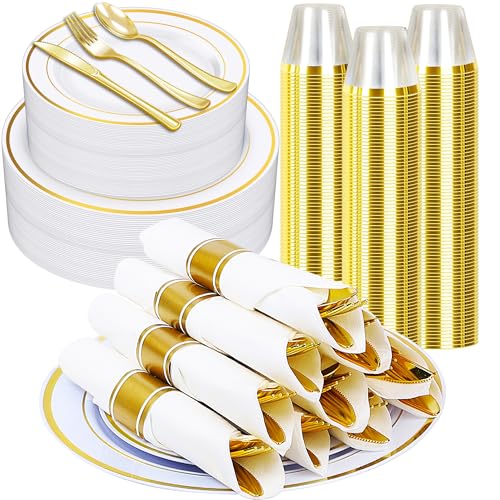 350PCS Gold Plastic Dinnerware Set with 100 Plates, 50 Cups, 50 Spoons, 50 Forks, 50 Knives B498
