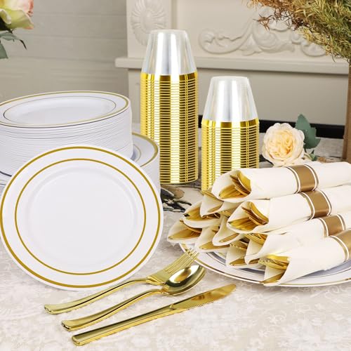 350PCS Gold Plastic Dinnerware Set with 100 Plates, 50 Cups, 50 Spoons, 50 Forks, 50 Knives B498