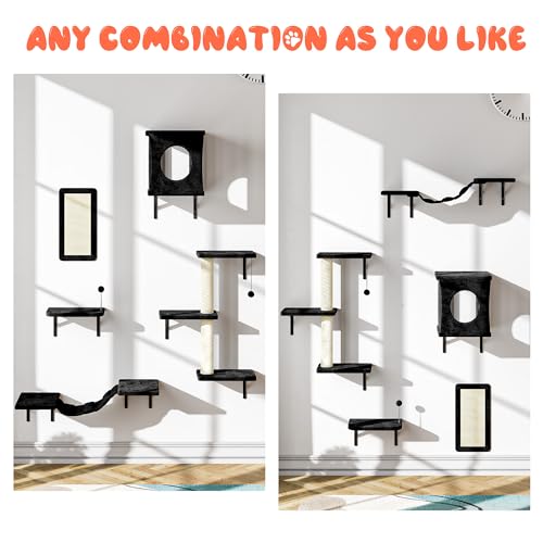 Gray 7 Pcs Cat Wall Shelves with House, Tunnel, Bridge, Steps, Scratcher, Hammock, Bed B923460