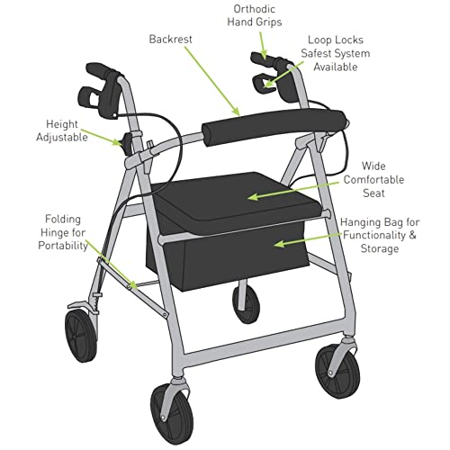 Red Lightweight Aluminum Rollator Walker with Seat and Wheels, 300 lbs Weight Capacity R6139