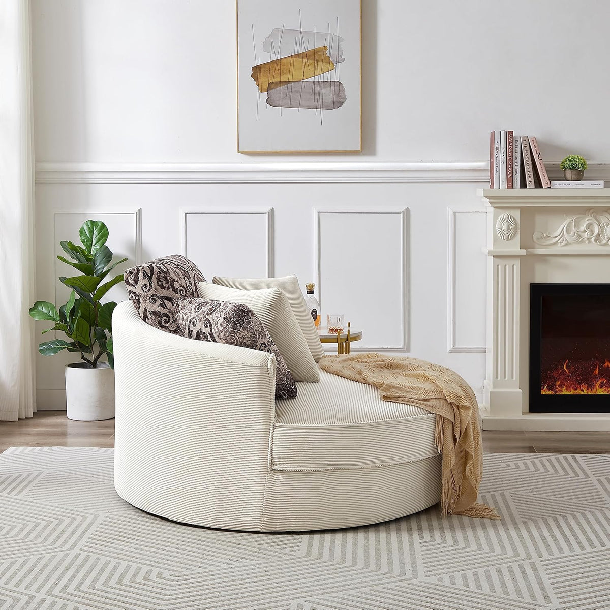 Oversized Corduroy Swivel Barrel Armchair with 5 Detachable Pillows M186766