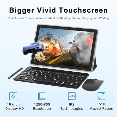 10.1 Inch Android Tablet with Keyboard Mouse Case Stylus 64GB ROM 8GB RAM E249