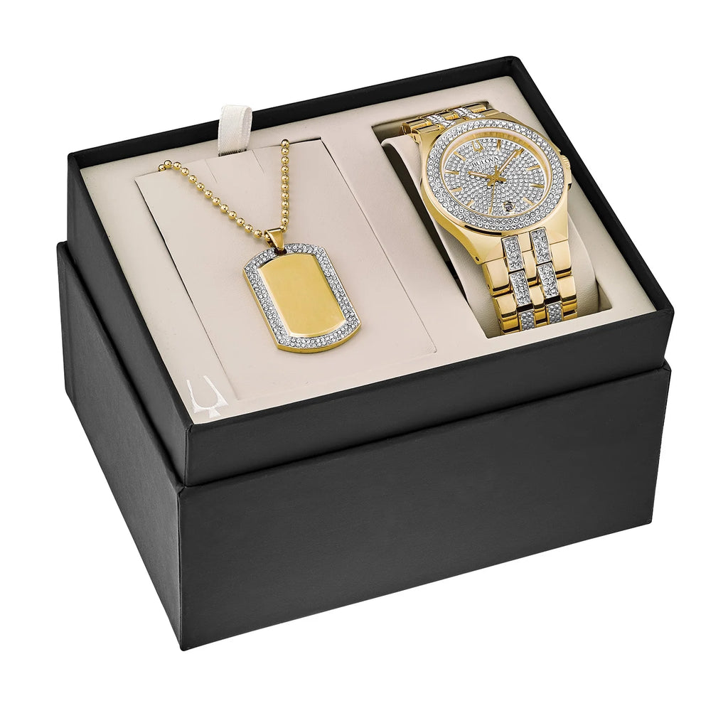 Gold-Tone PVD Watch and Dog Tag Pendant Box Set X607143