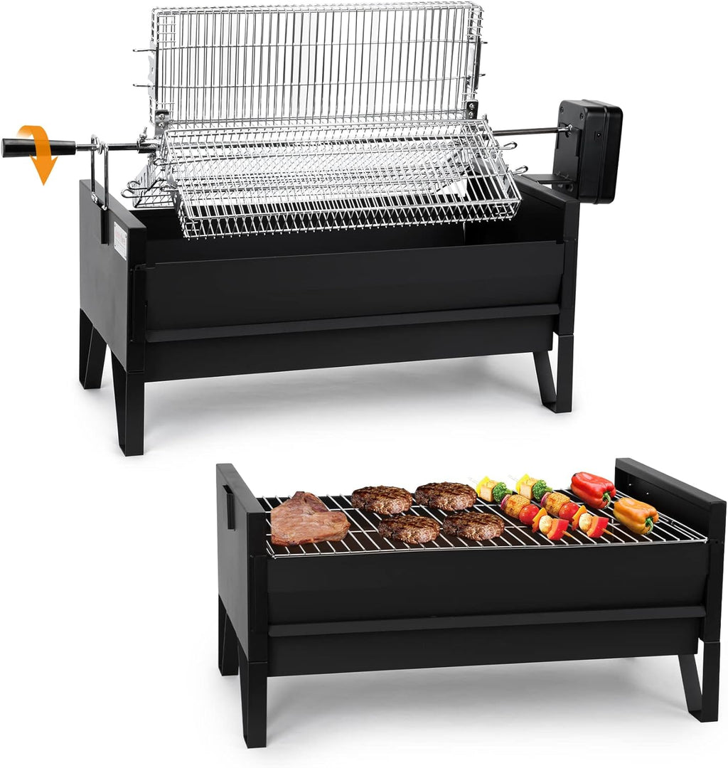 2 IN 1 Charcoal Grill Rotisserie Kit with 3 Stainless Steel Rotating Baskets and 24 In Grill Grate W3422