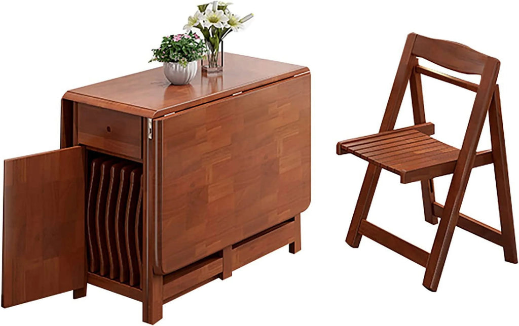 Solid Wood Drop Leaf Dining Table Set 5 Pieces with Wheels and Drawer W583