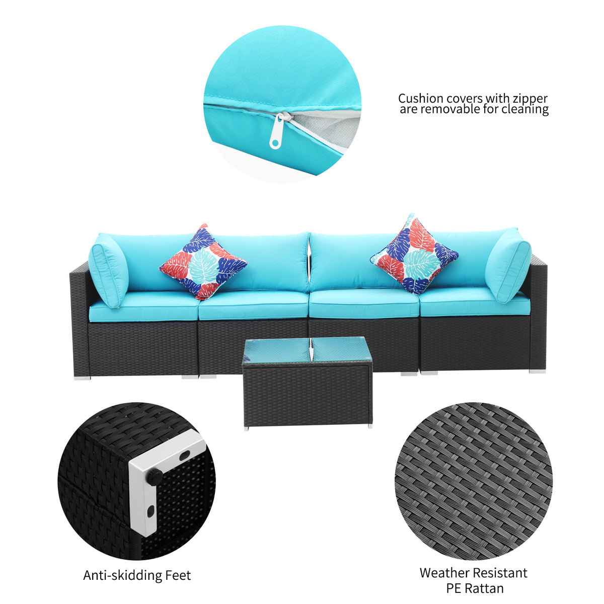 Blue 5 Pieces Outdoor Patio Conversation Sofa Set Y582455