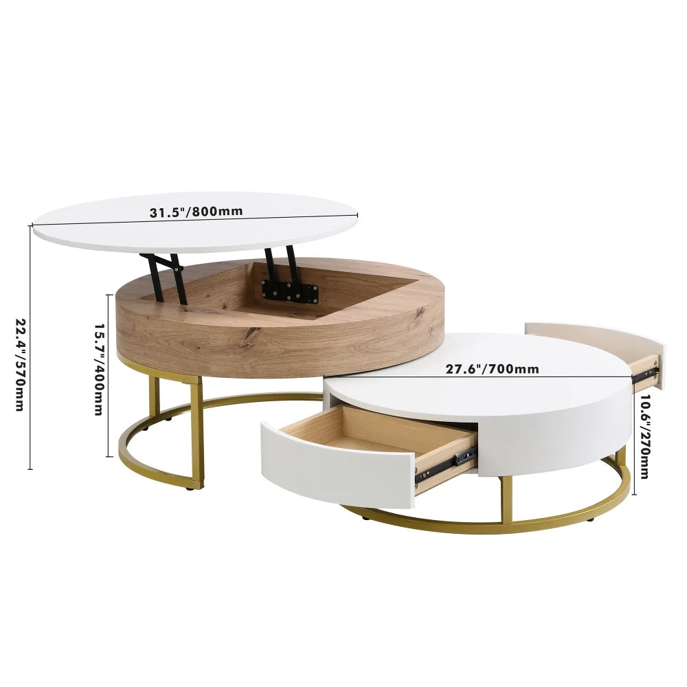 Round Lift-top Nesting Coffee Tables with 2 Drawers White & Natural E250