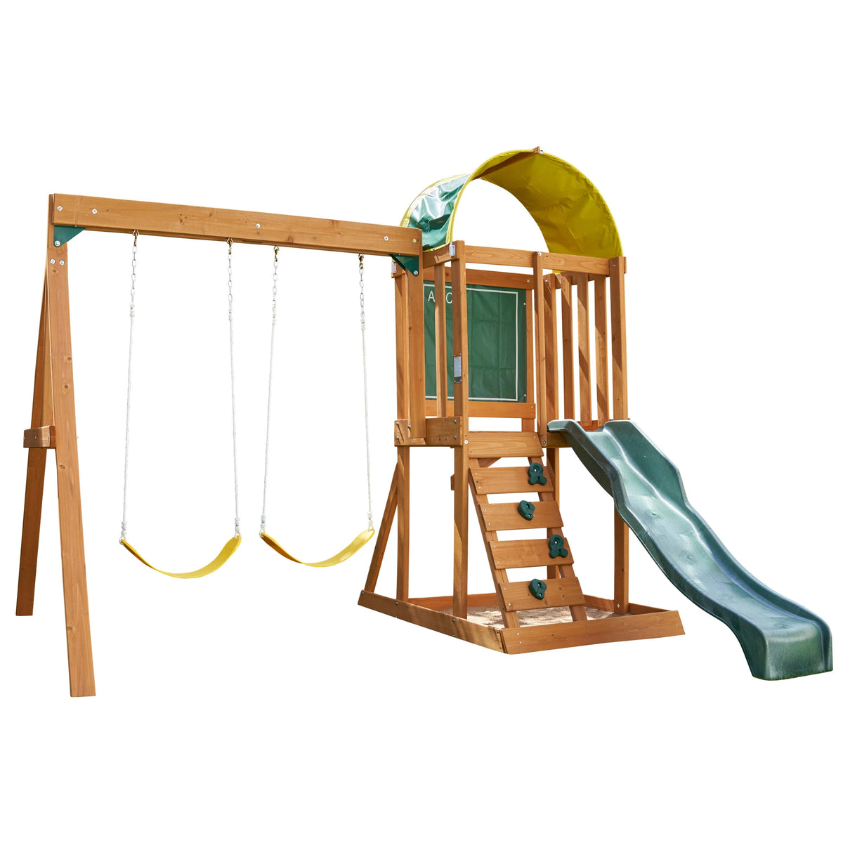 Wooden Outdoor Swing Set with Slide and Rock Wall N5341