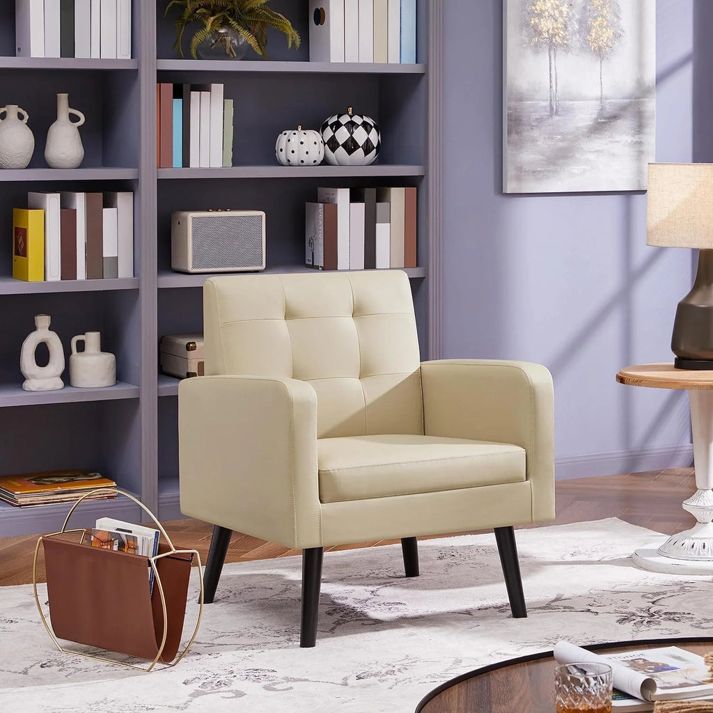 Beige PU Leather Tufted Accent Chair with Wood Legs W55540