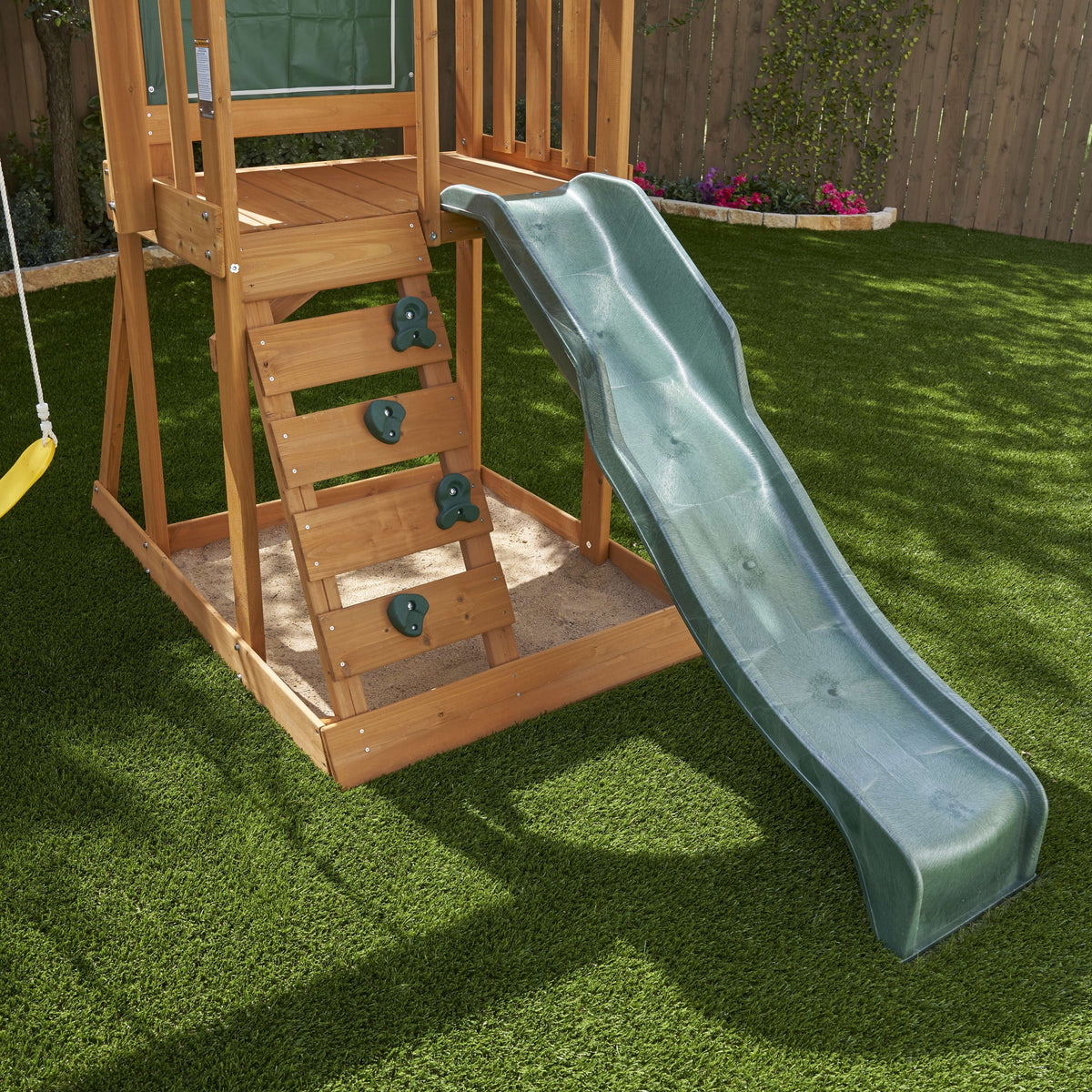Wooden Outdoor Swing Set with Slide and Rock Wall N5341