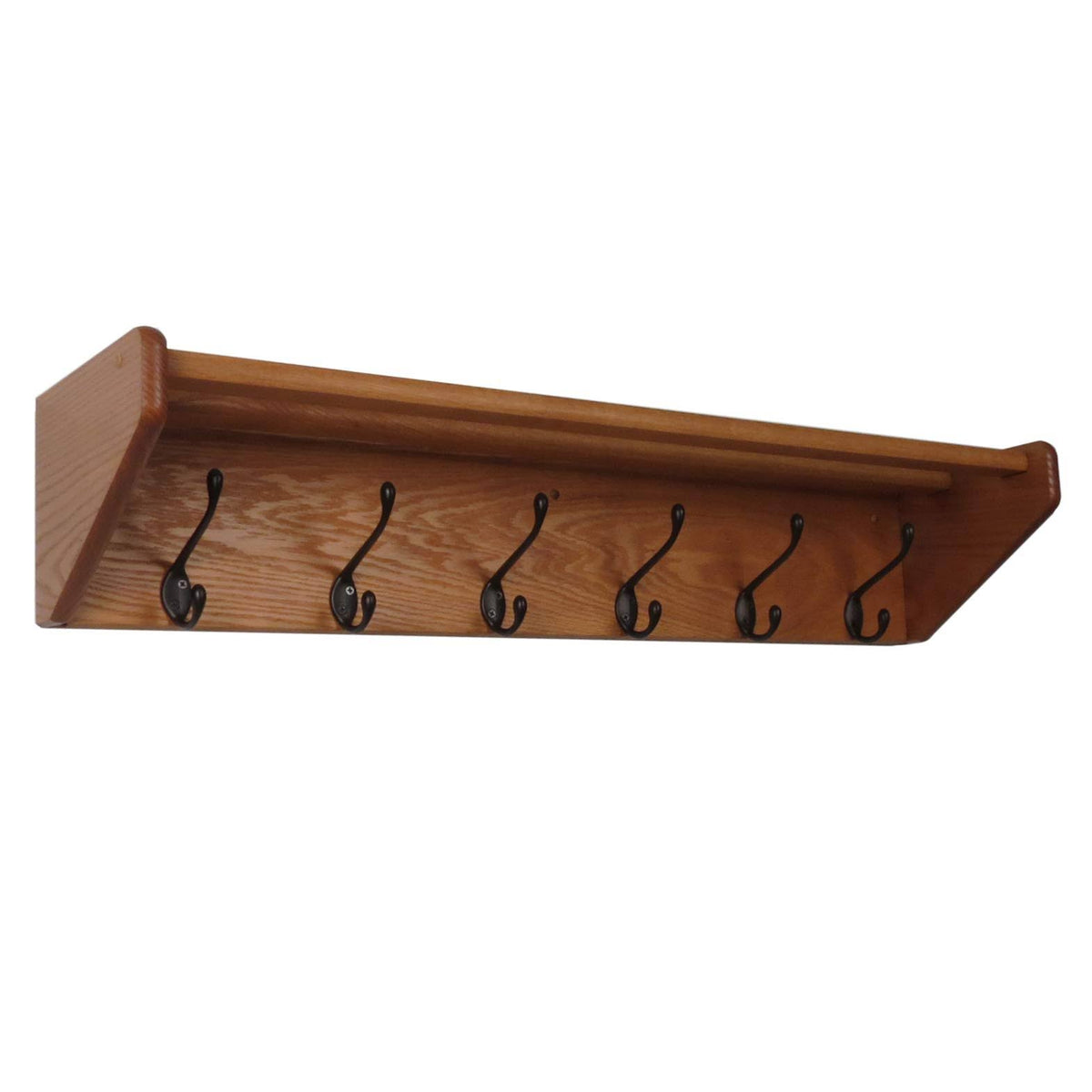Medium Oak Wooden Shelf with 6 Black Hooks Q417024