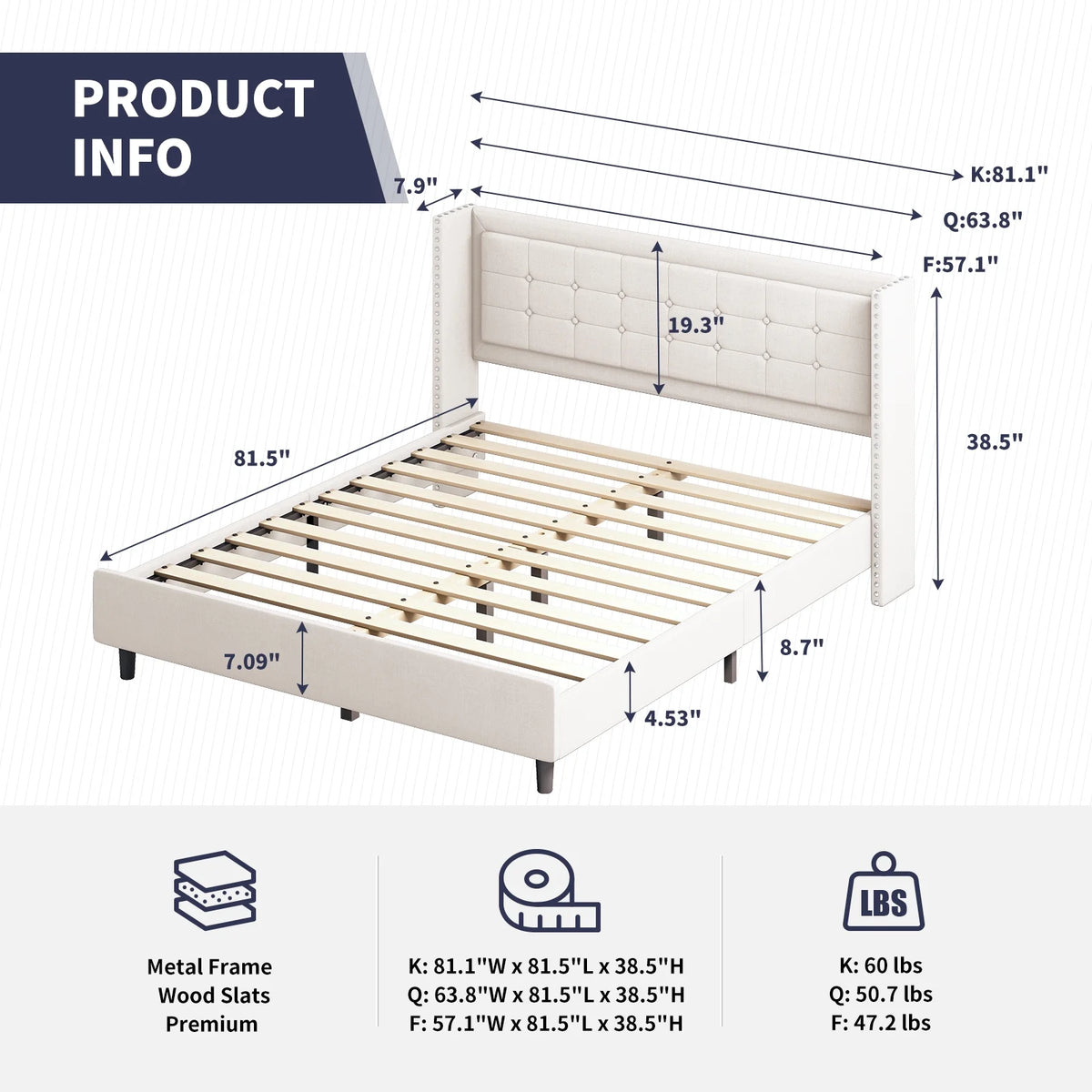 King Size Linen Upholstered Platform Bed Frame with Headboard E209