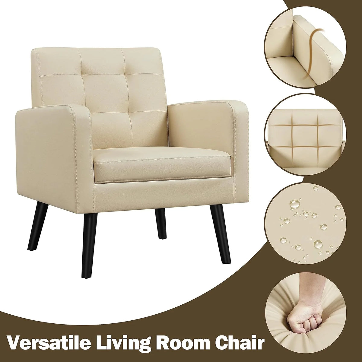 Beige PU Leather Tufted Accent Chair with Wood Legs W55540
