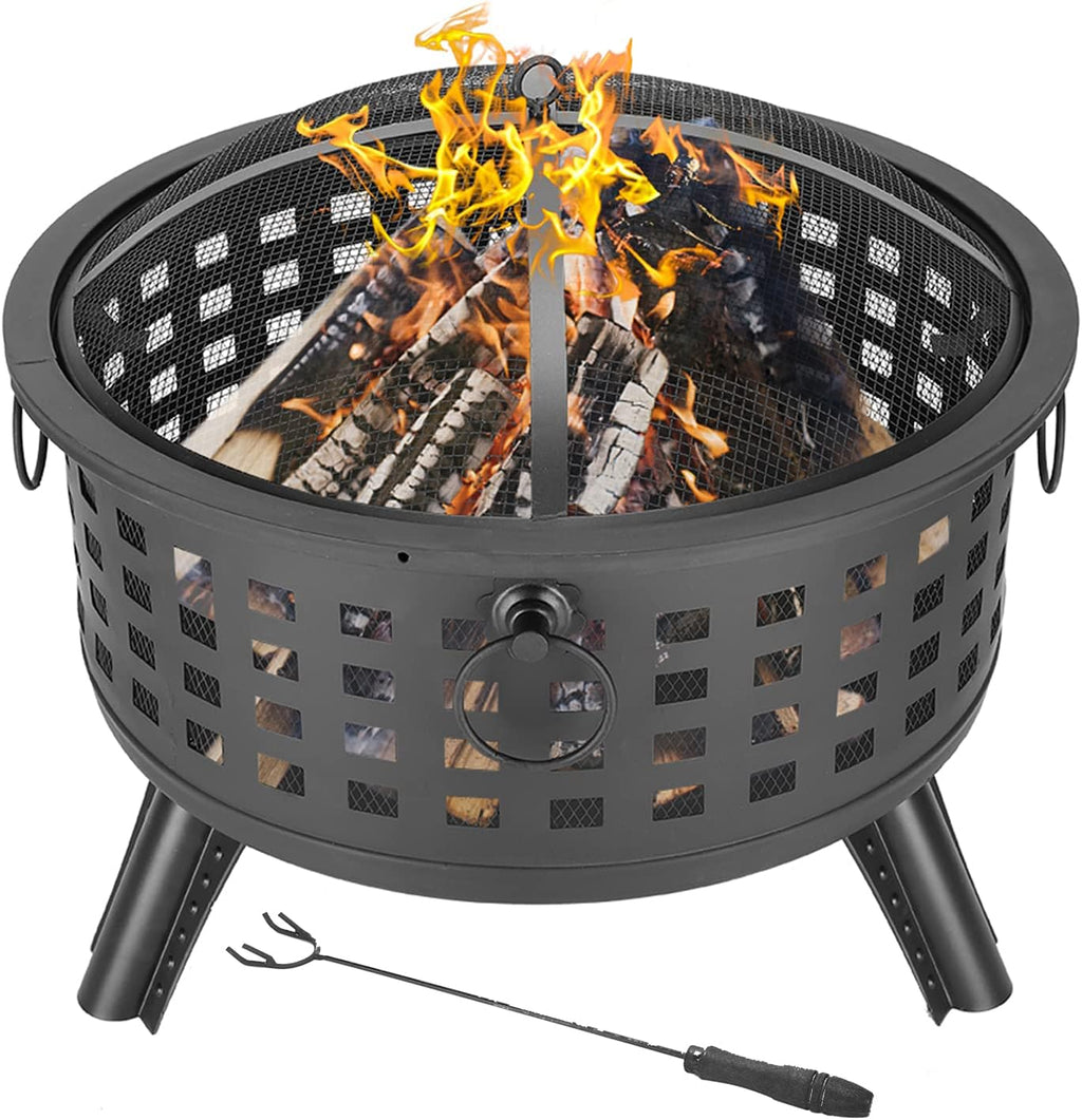 22 inch Steel Firepit Bowl with Mesh Spark Screen Cover Log Grate Wood Fire Poker V410