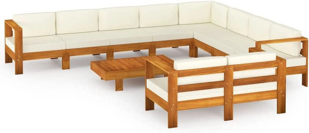 10 Piece Acacia Wood Patio Lounge Set with Cream White Cushions A2132