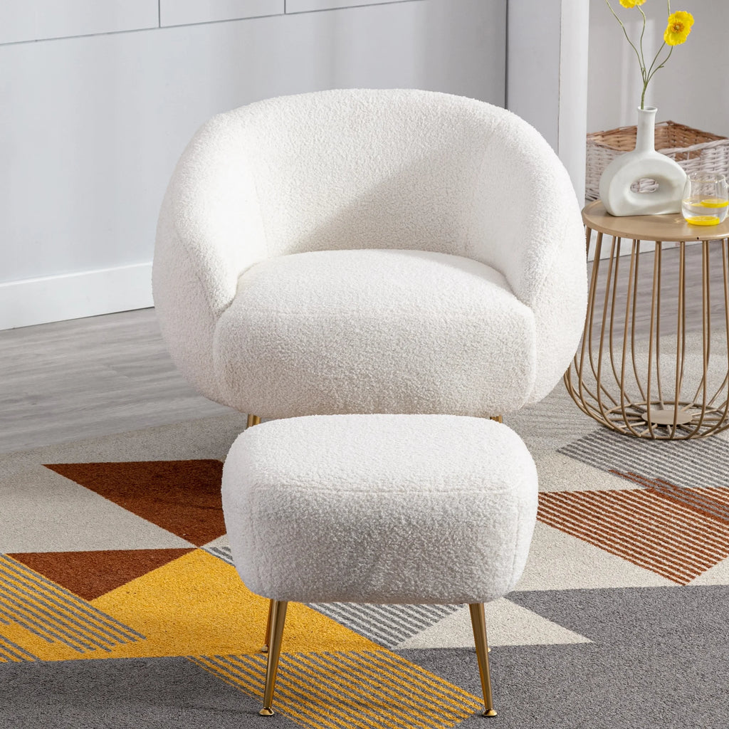 White Teddy Short Plush Particle Velvet Accent Chair with Ottoman V841065