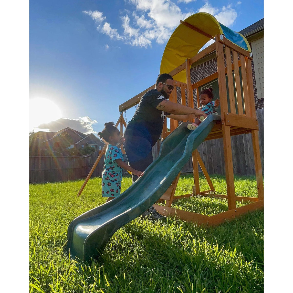 Wooden Outdoor Swing Set with Slide and Rock Wall N5341