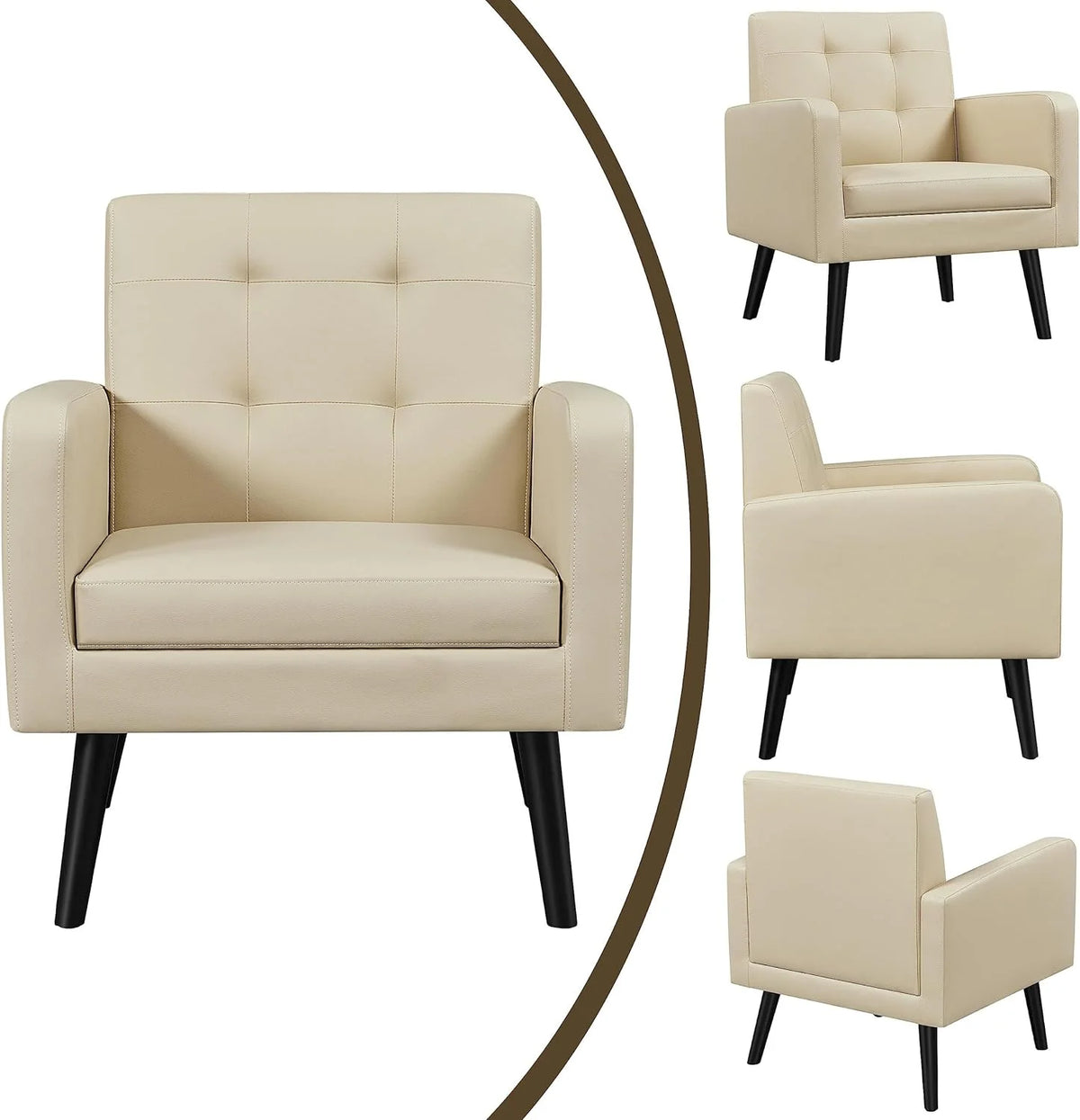 Beige PU Leather Tufted Accent Chair with Wood Legs W55540