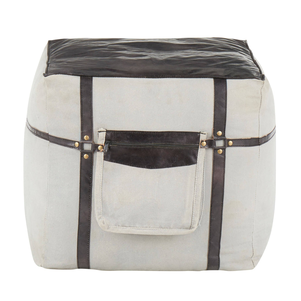 Black Leather Grey Canvas Pouf S376364