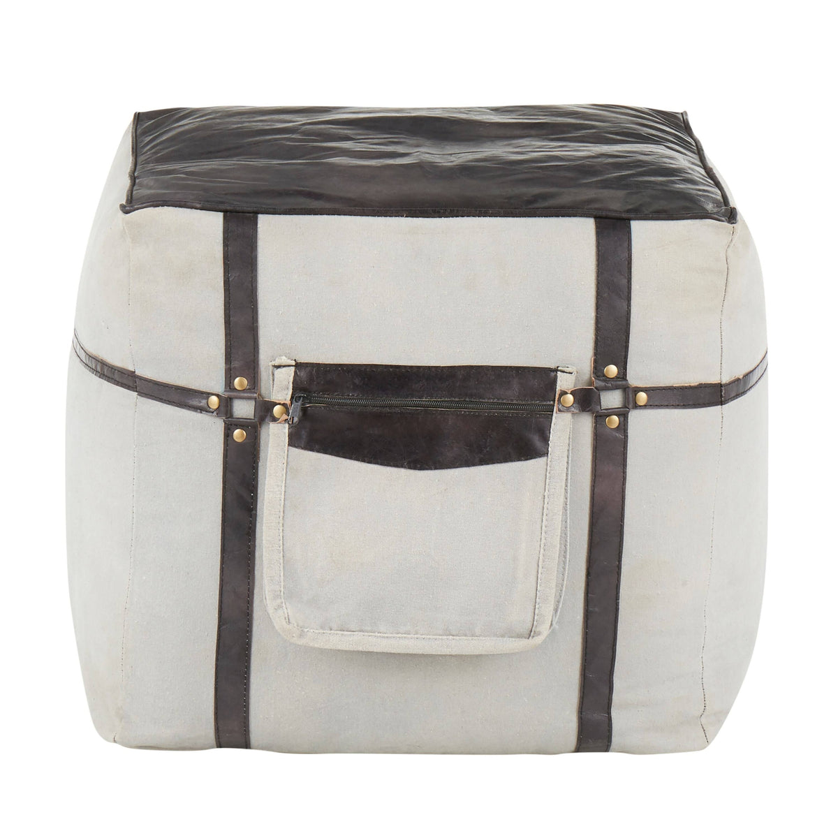 Black Leather Grey Canvas Pouf S376364