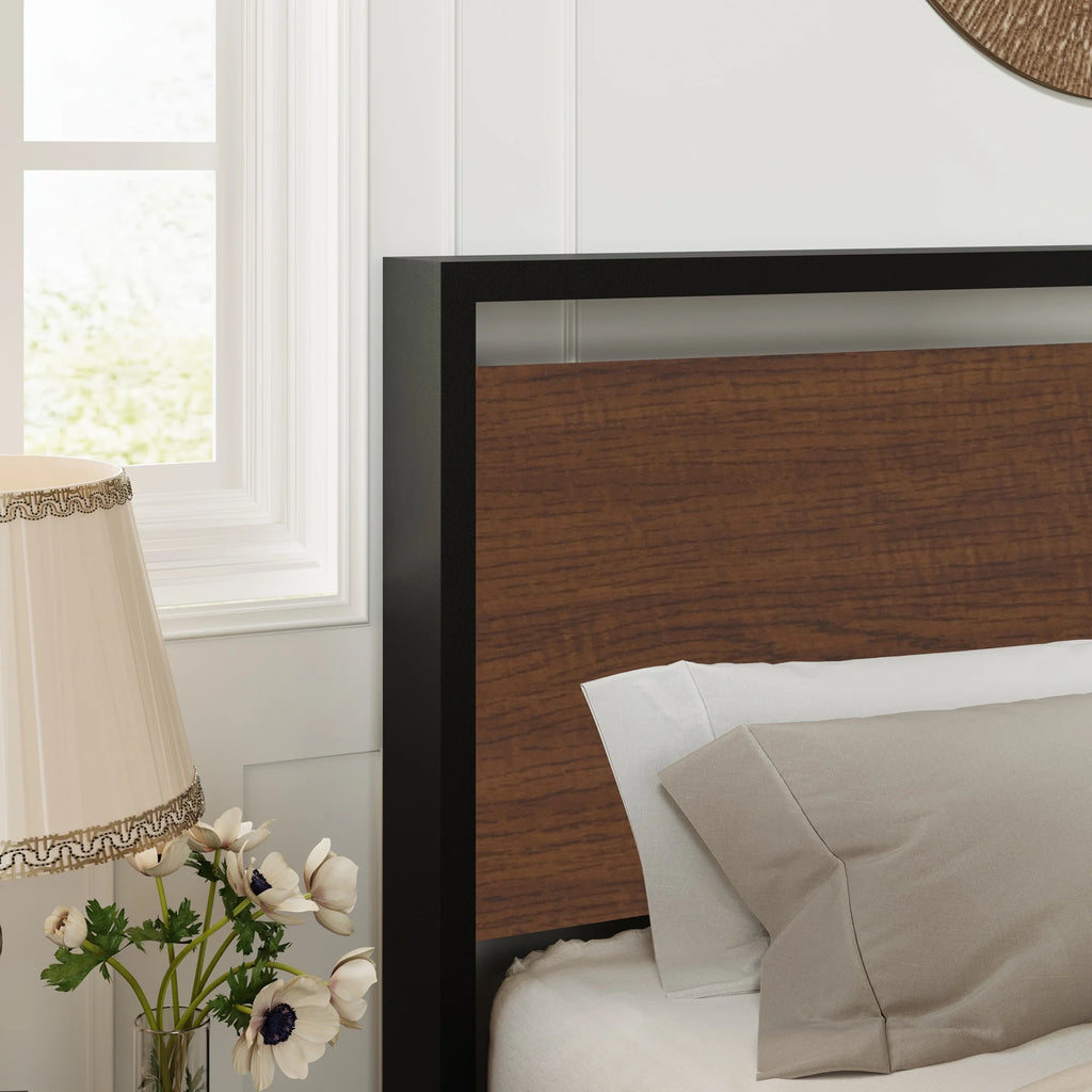 Queen Size Metal Platform Bed Frame with Wood Headboard J684