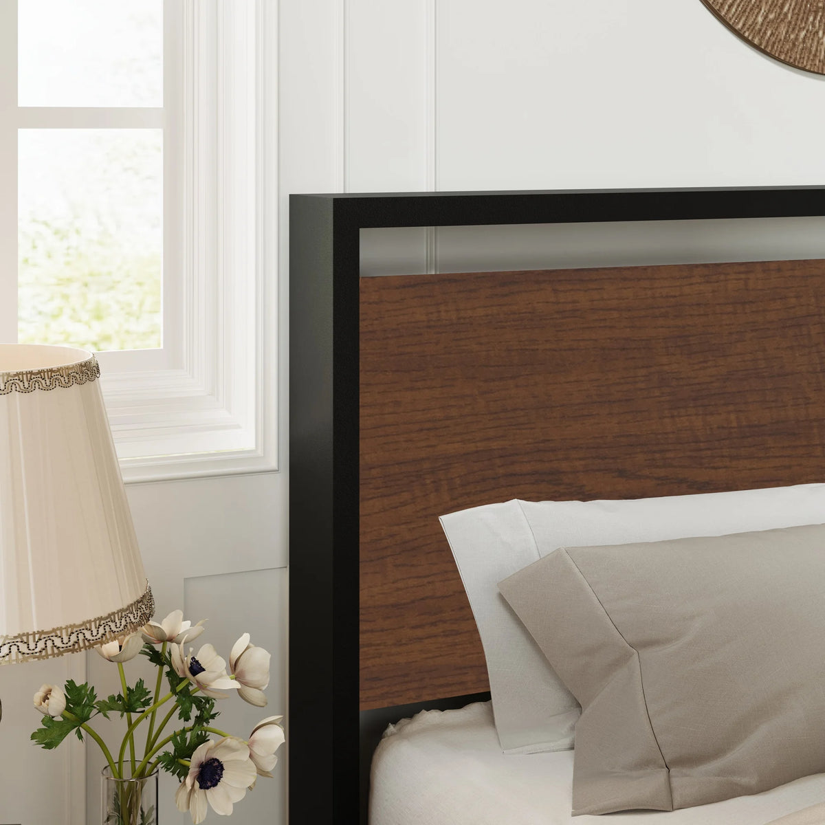 Queen Size Metal Platform Bed Frame with Wood Headboard J684