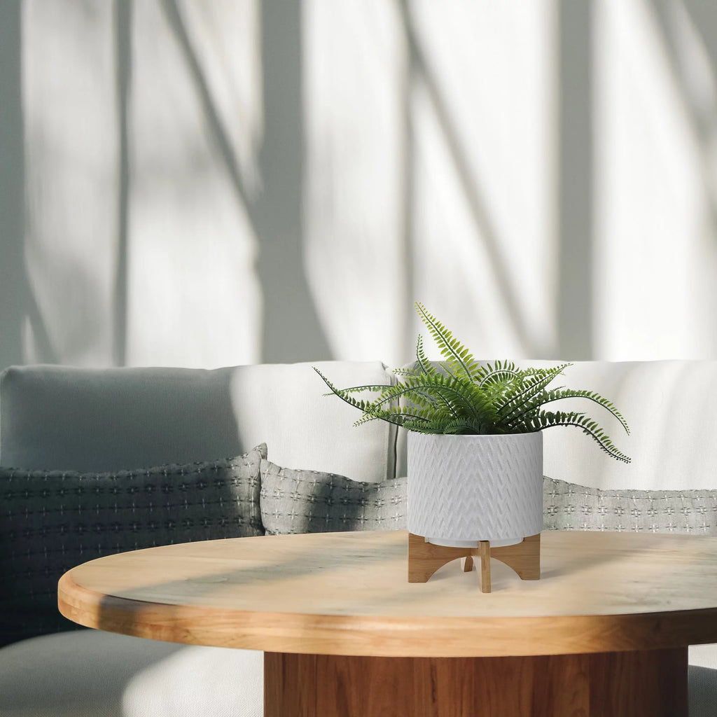 White Ceramic Chevron Planter With Stand A17057
