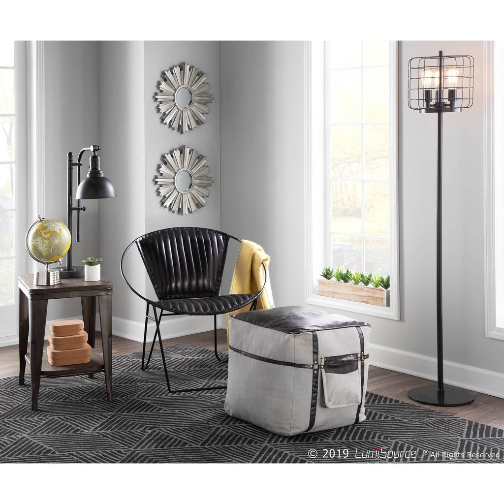Black Leather Grey Canvas Pouf S376364