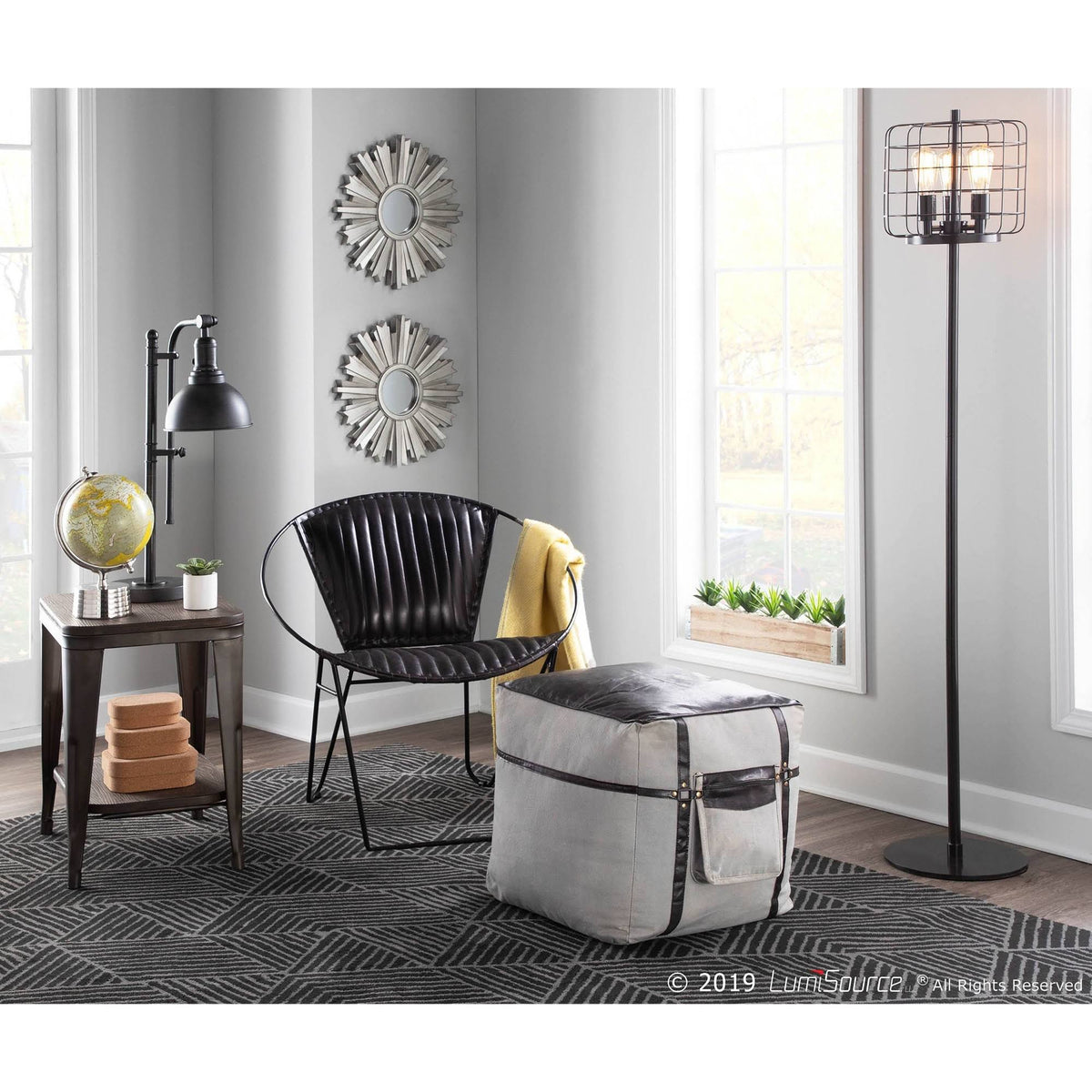 Black Leather Grey Canvas Pouf S376364