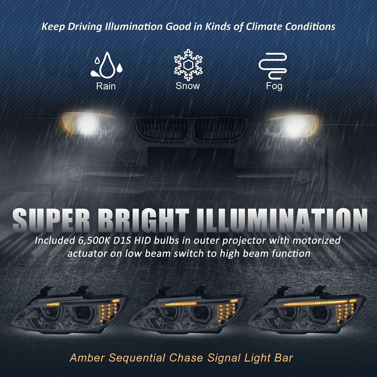 Dual Animated Start-Up Halo Sequential LED Turn Signal Projector HID Headlights, Chrome Housing P72406