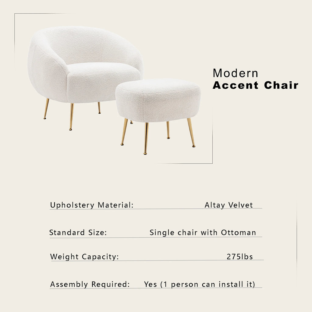 White Teddy Short Plush Particle Velvet Accent Chair with Ottoman V841065