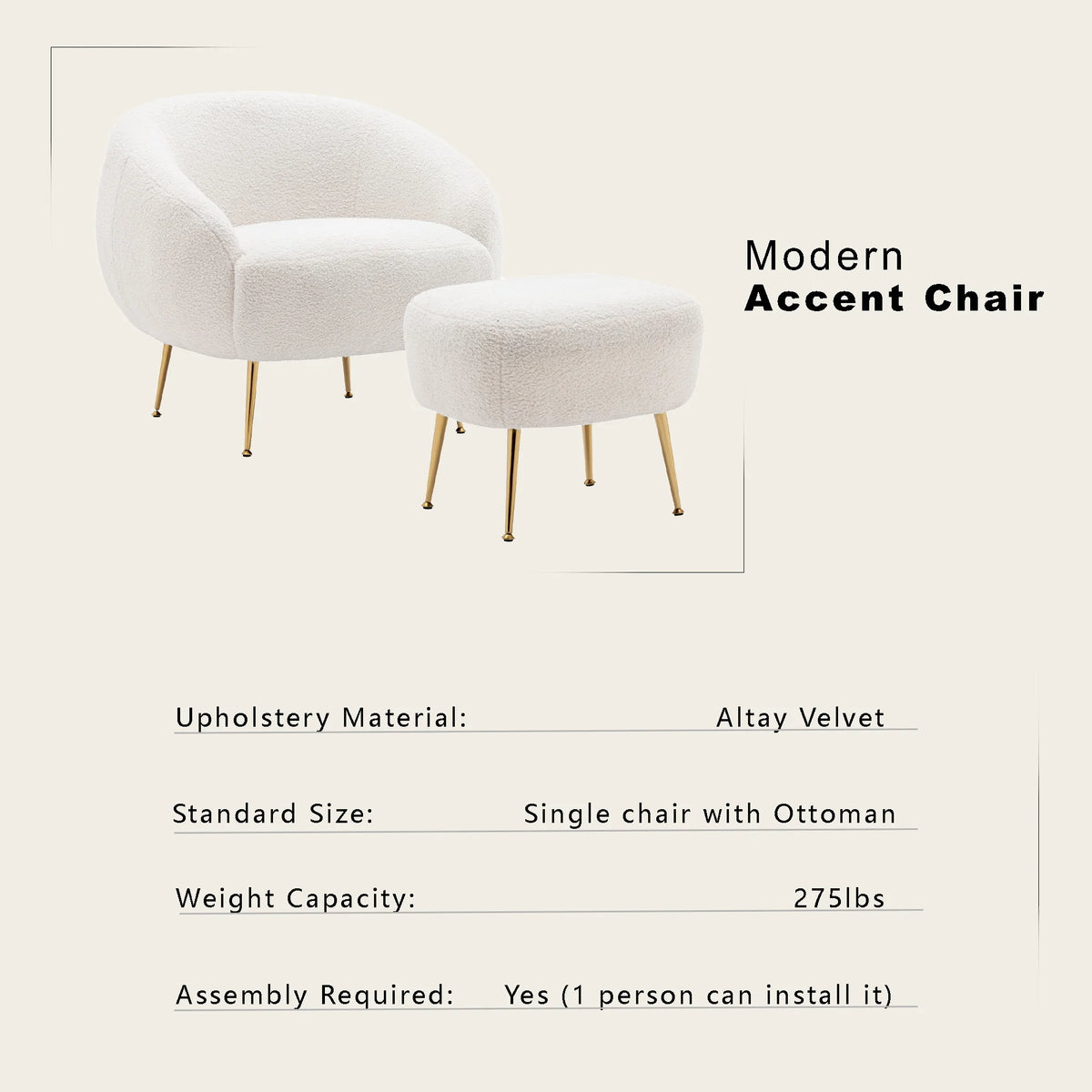 White Teddy Short Plush Particle Velvet Accent Chair with Ottoman V841065