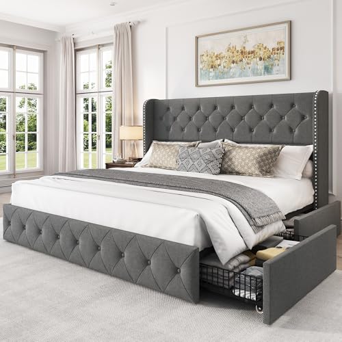 King Size Linen Upholstered Bed Frame with 4 Storage Drawers H875